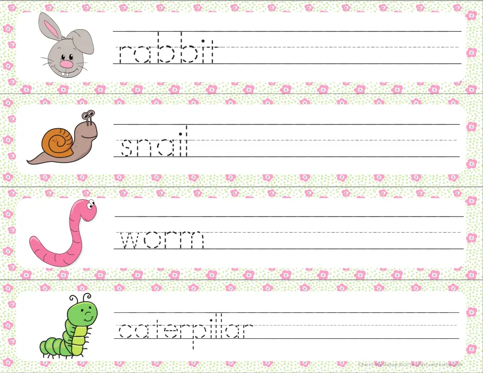 Spring critters: students trace rabbit, snail, worm and caterpillar in dotted letters next to a cartoon of each animal