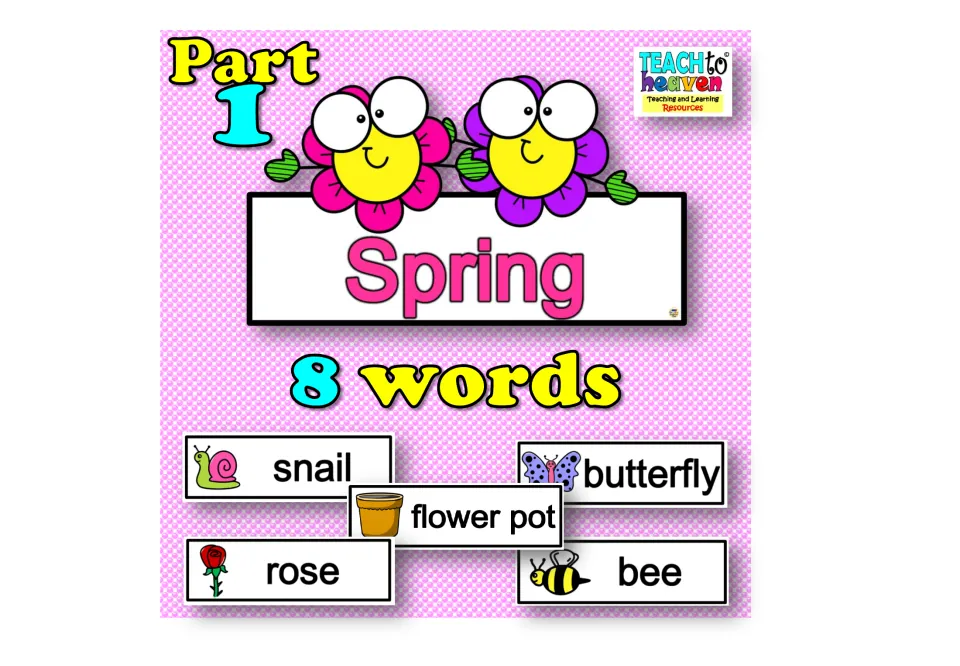 Cover for spring vocabulary Part 1, labeled '8 words,' showing sample cards for snail, butterfly, and bee
