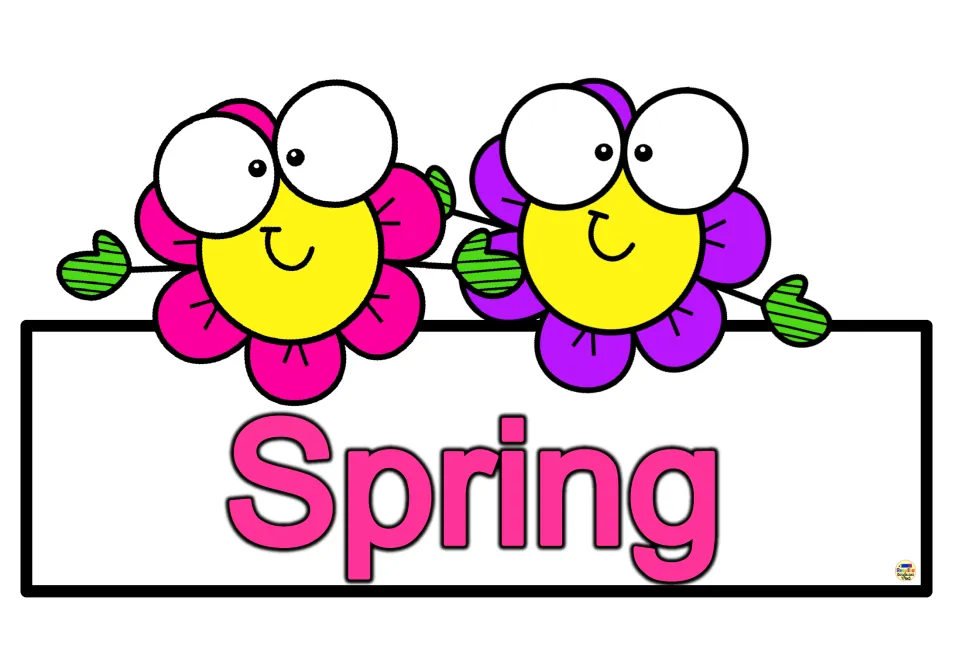 Spring display title for the eight-card vocabulary word-wall set, with the season name in pink letters