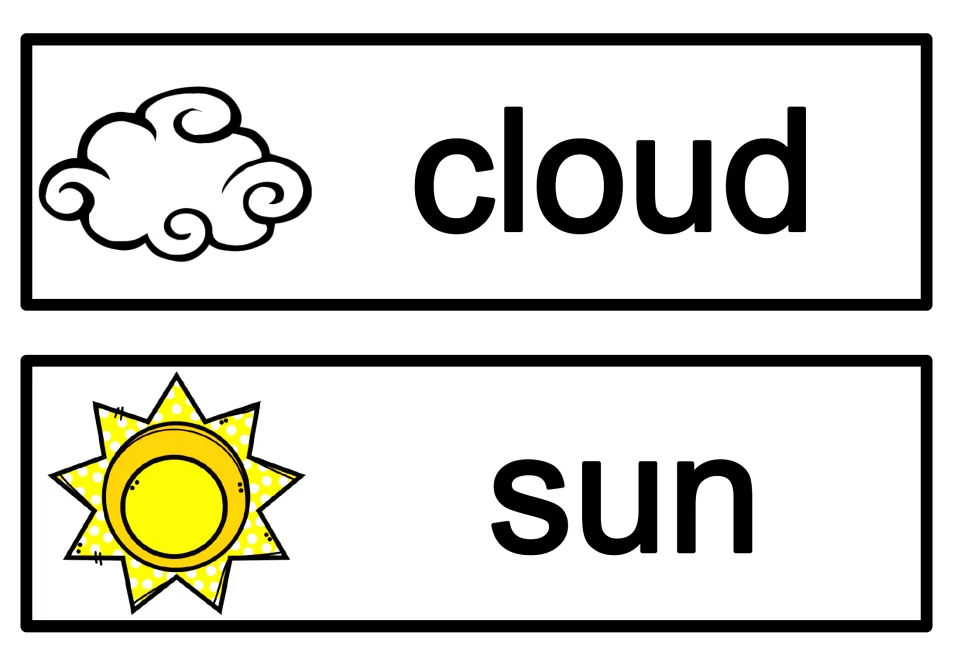 Spring vocabulary cards 1–2 of eight: cloud and sun, each pairing the printed word with its illustration