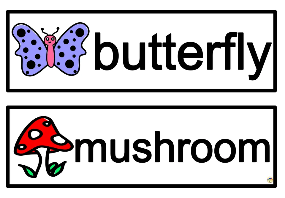 Spring vocabulary cards 5–6 of eight: butterfly and mushroom, each shown beside its matching illustration