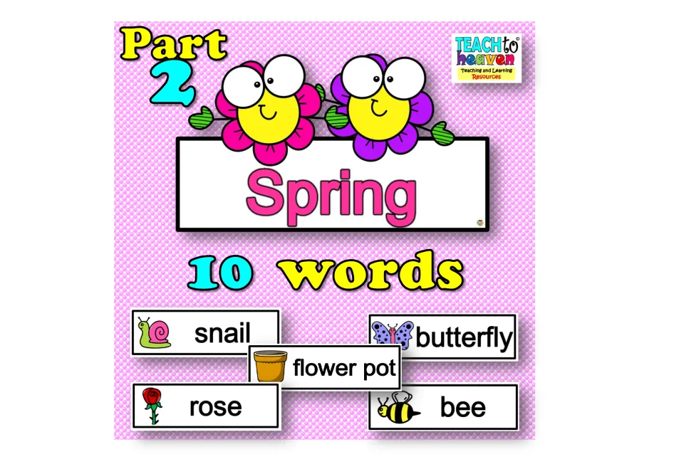 Spring vocabulary cover, Part 2: 10 picture word cards shown, including snail, butterfly, flower pot, rose and bee
