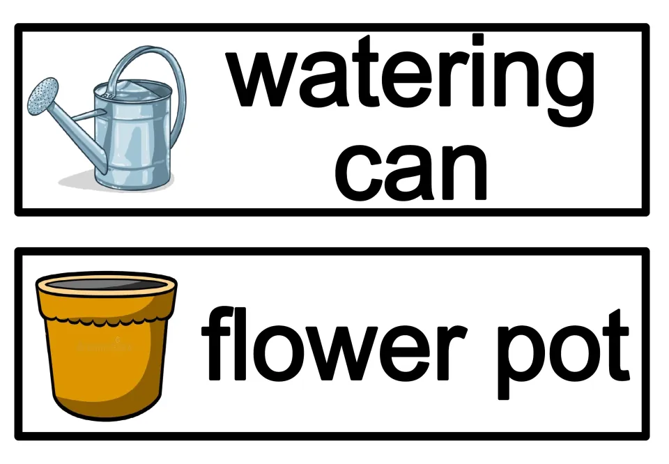 Garden tool word cards: watering can and flower pot printed in large type with matching pictures for word recognition