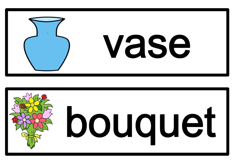 Flower display word cards: vase and bouquet printed in large type beside matching pictures for spring vocabulary