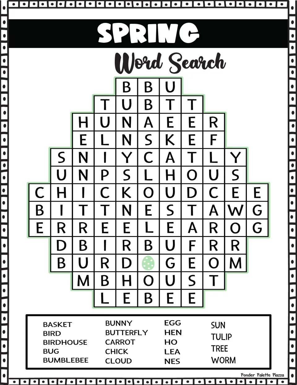 Spring word search: students hunt for words like bunny, tulip, butterfly, chick and worm in an egg-shaped puzzle
