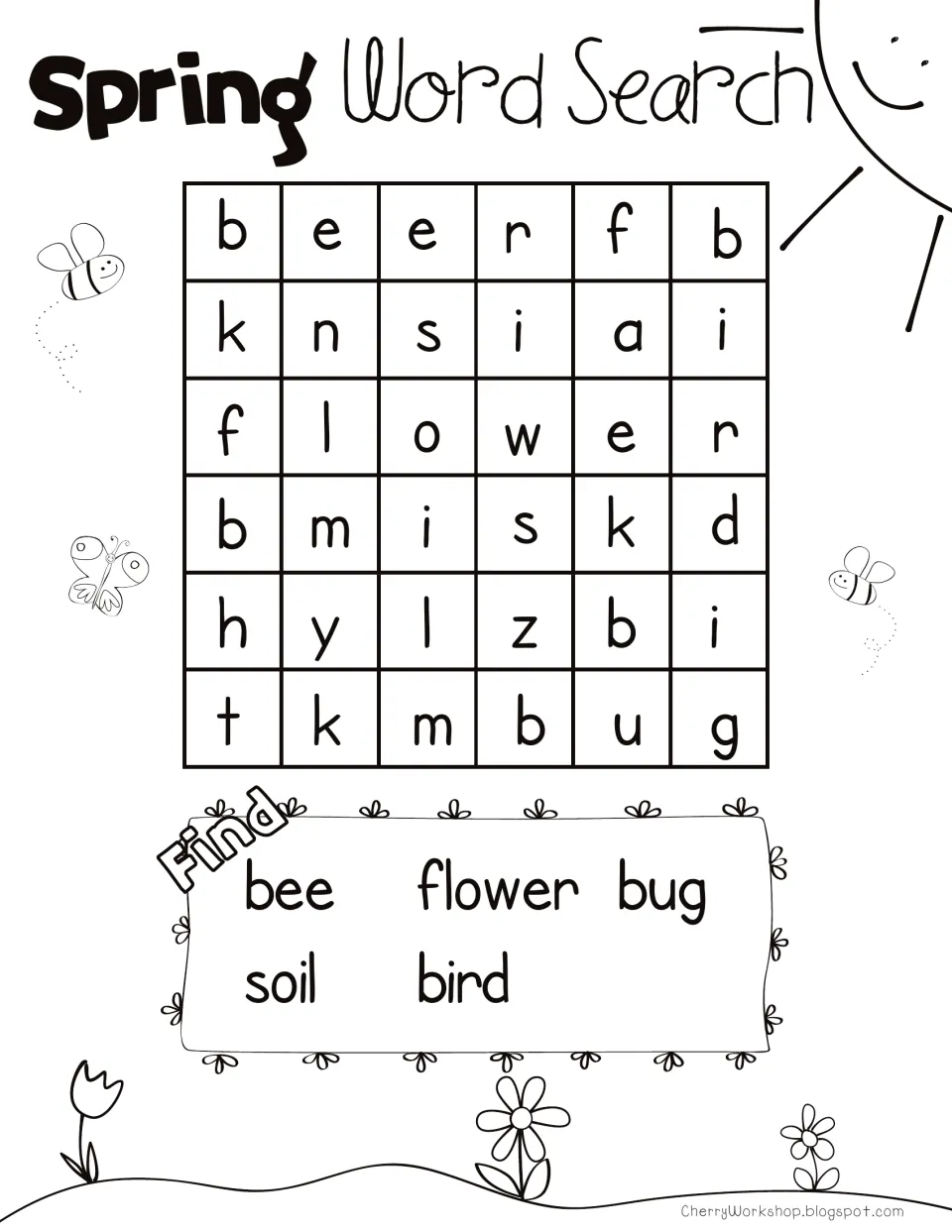 Spring vocabulary hunt: students find and circle bee, flower, bug, soil and bird hidden in a 6 by 6 letter puzzle