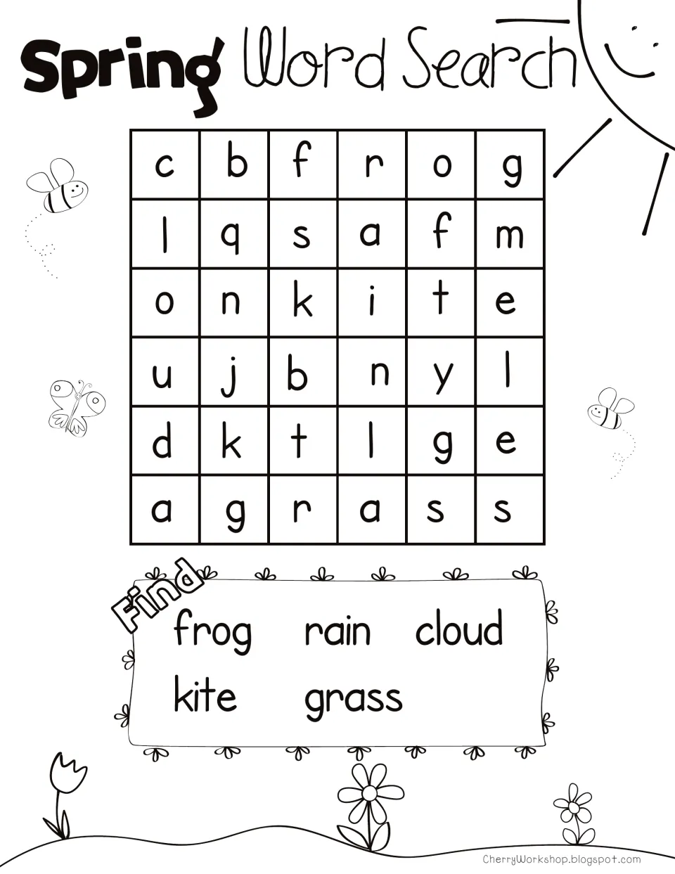 Spring words puzzle: students search the letters across and down for frog, rain, cloud, kite and grass, then circle each