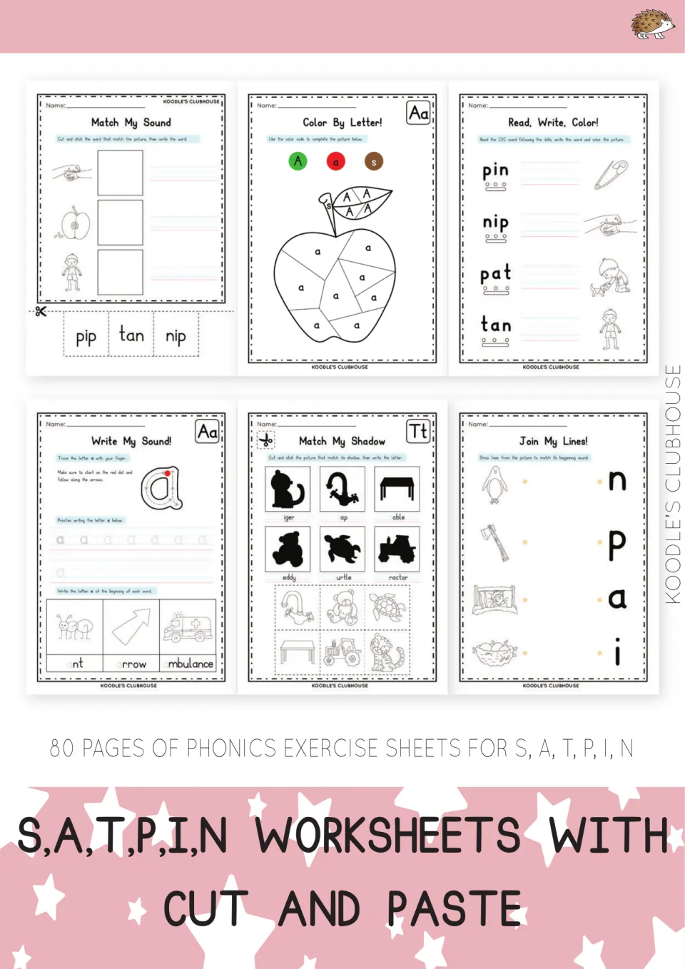S, A, T, P, I, N phonics worksheets with cut and paste cover showing Match My Sound, Color By Letter and CVC word pages