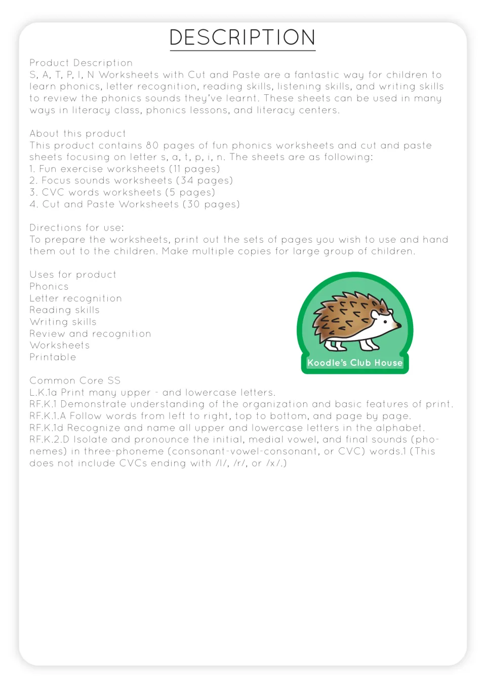 Product description listing 80 pages for s, a, t, p, i, n: exercise, focus sound, CVC and cut and paste sheets