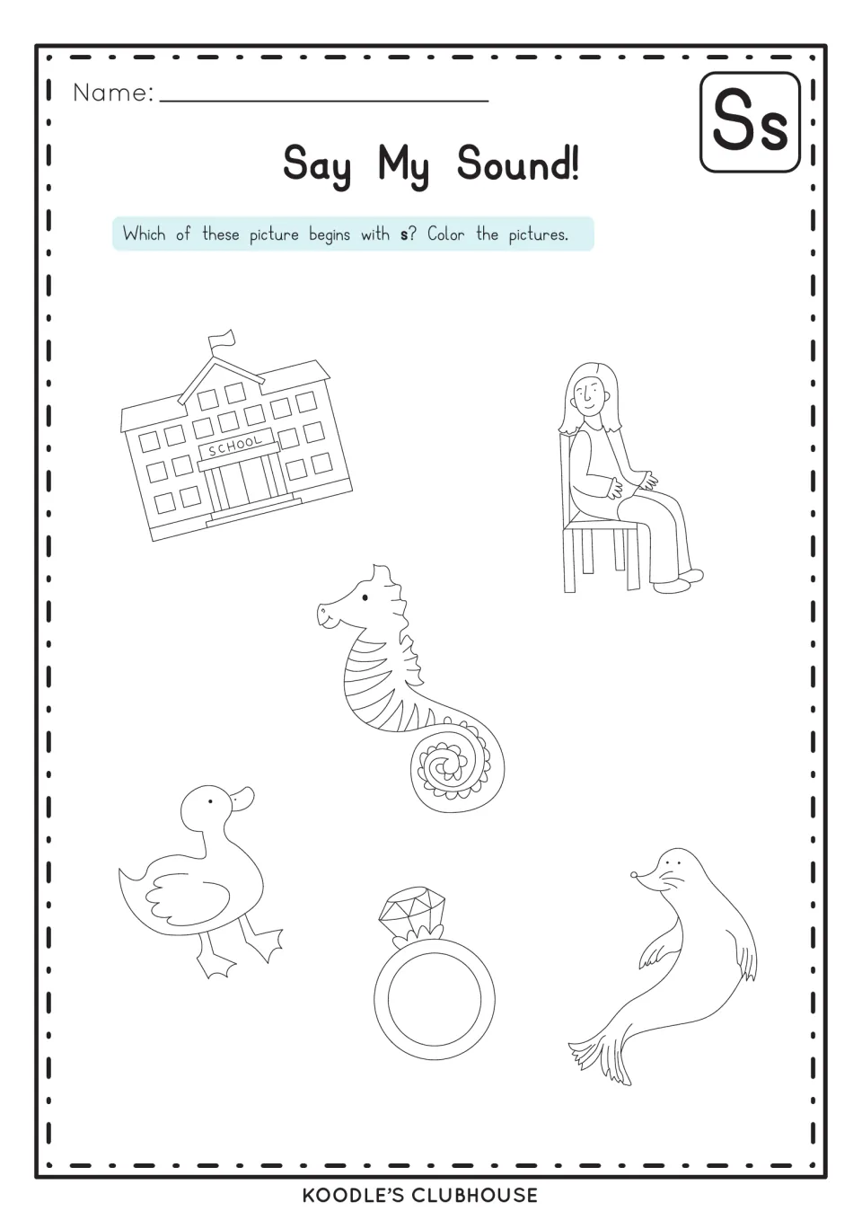 Say My Sound for s: students color pictures that begin with s, such as seahorse, seal and school, beside a duck and a ring