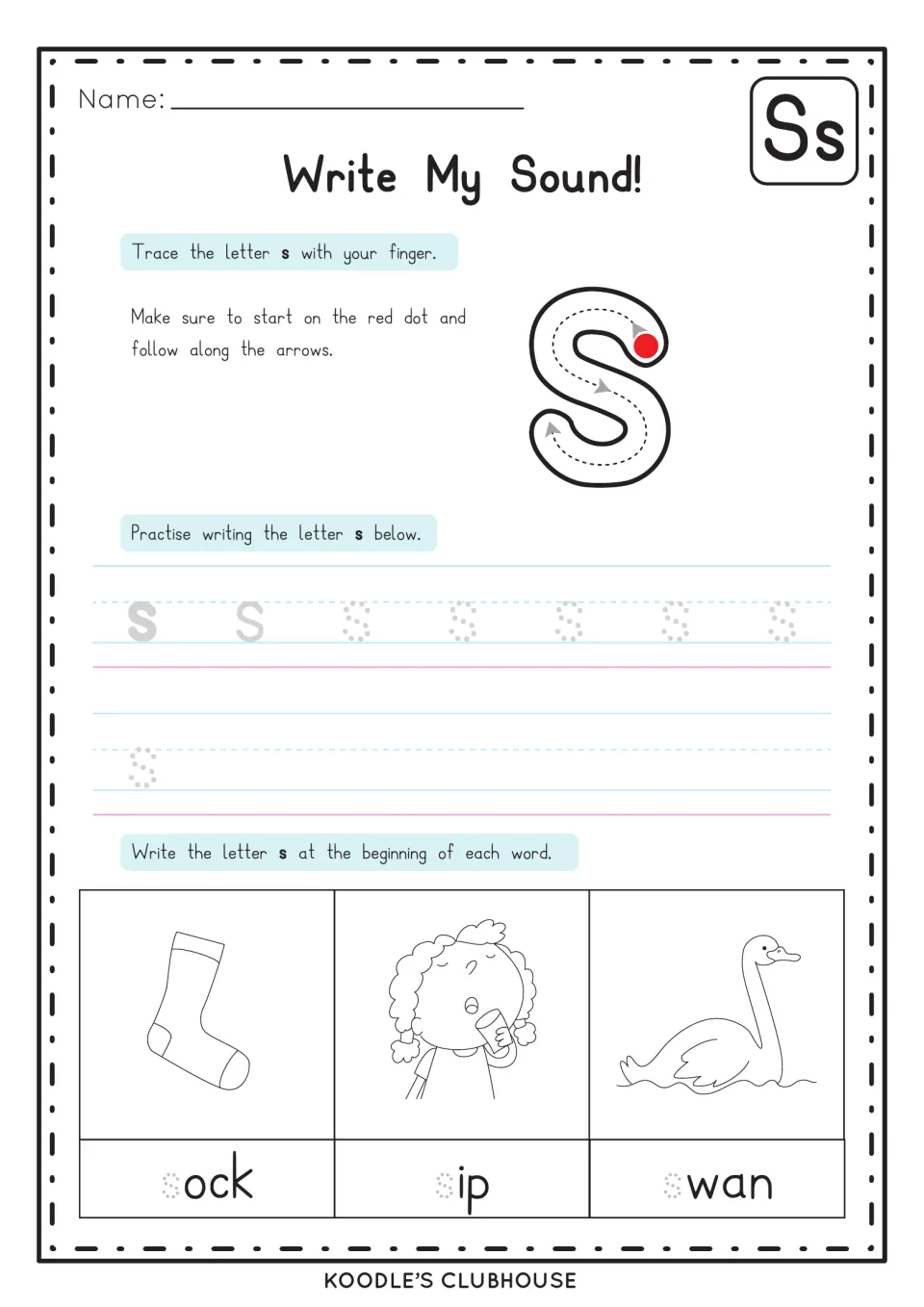 Write My Sound for s: finger-trace the letter, practise writing s, then add s to begin sock, sip and swan