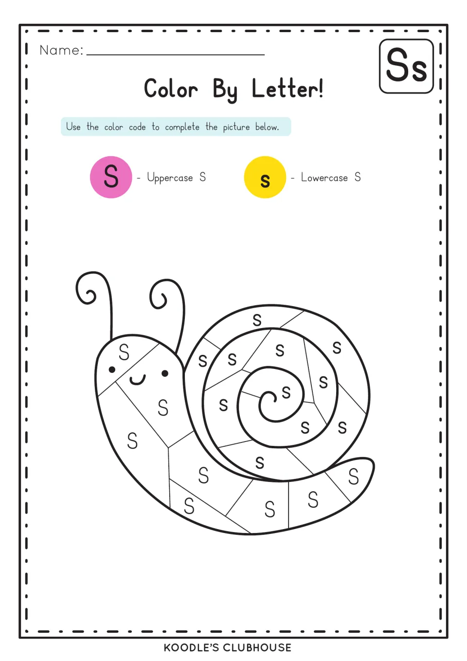 Color By Letter for Ss: students color a snail picture, uppercase S spaces pink and lowercase s spaces yellow