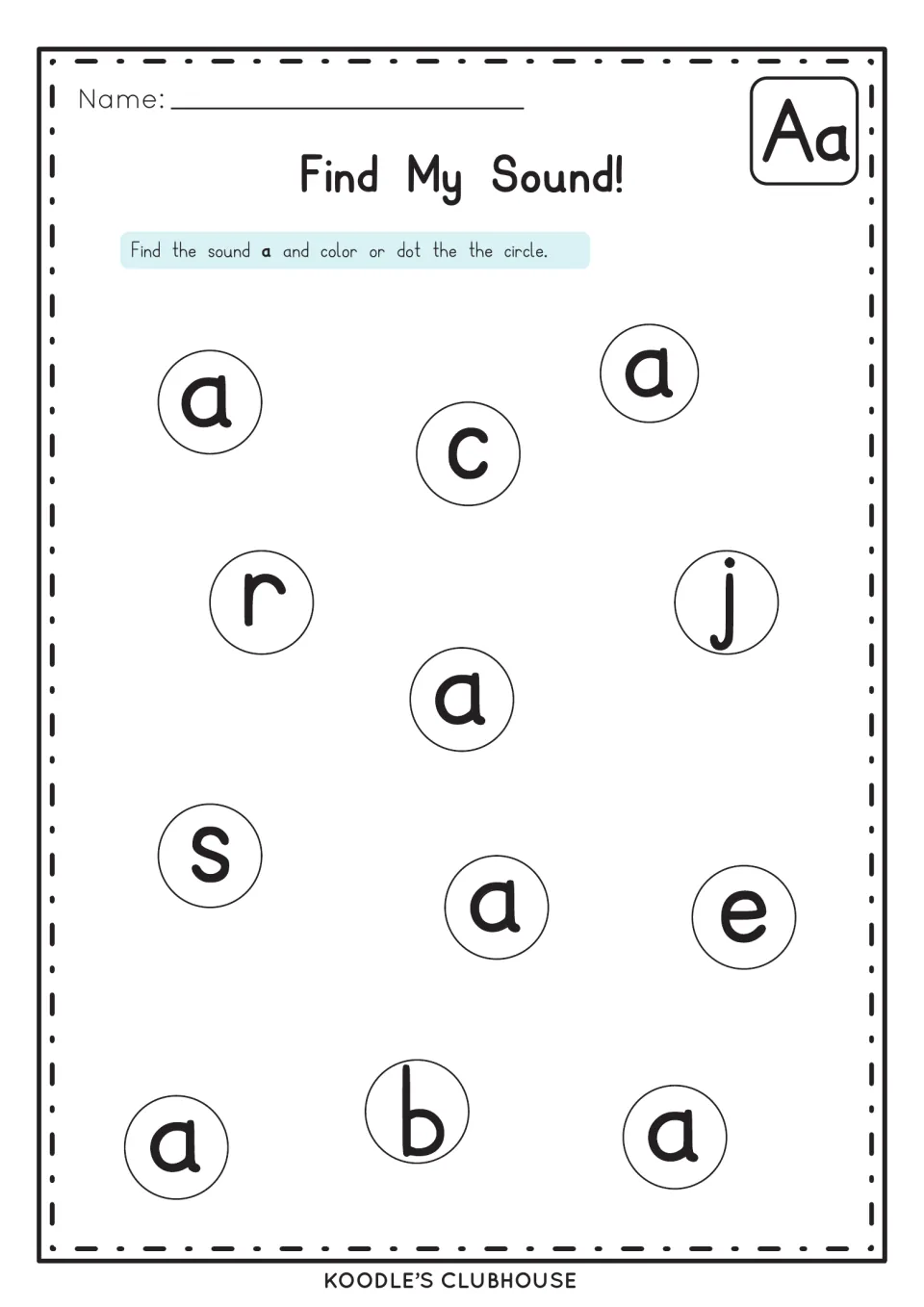 Find My Sound for letter a: students color or dot each circle holding a among letters like c, r, j, s, e and b