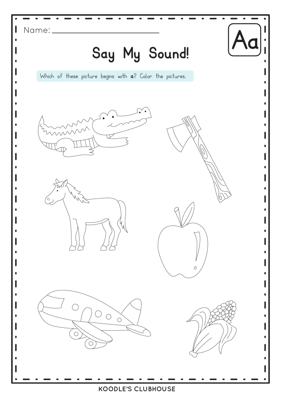 Say My Sound for a: students color pictures that begin with a, like alligator, axe, apple and airplane, not horse or corn