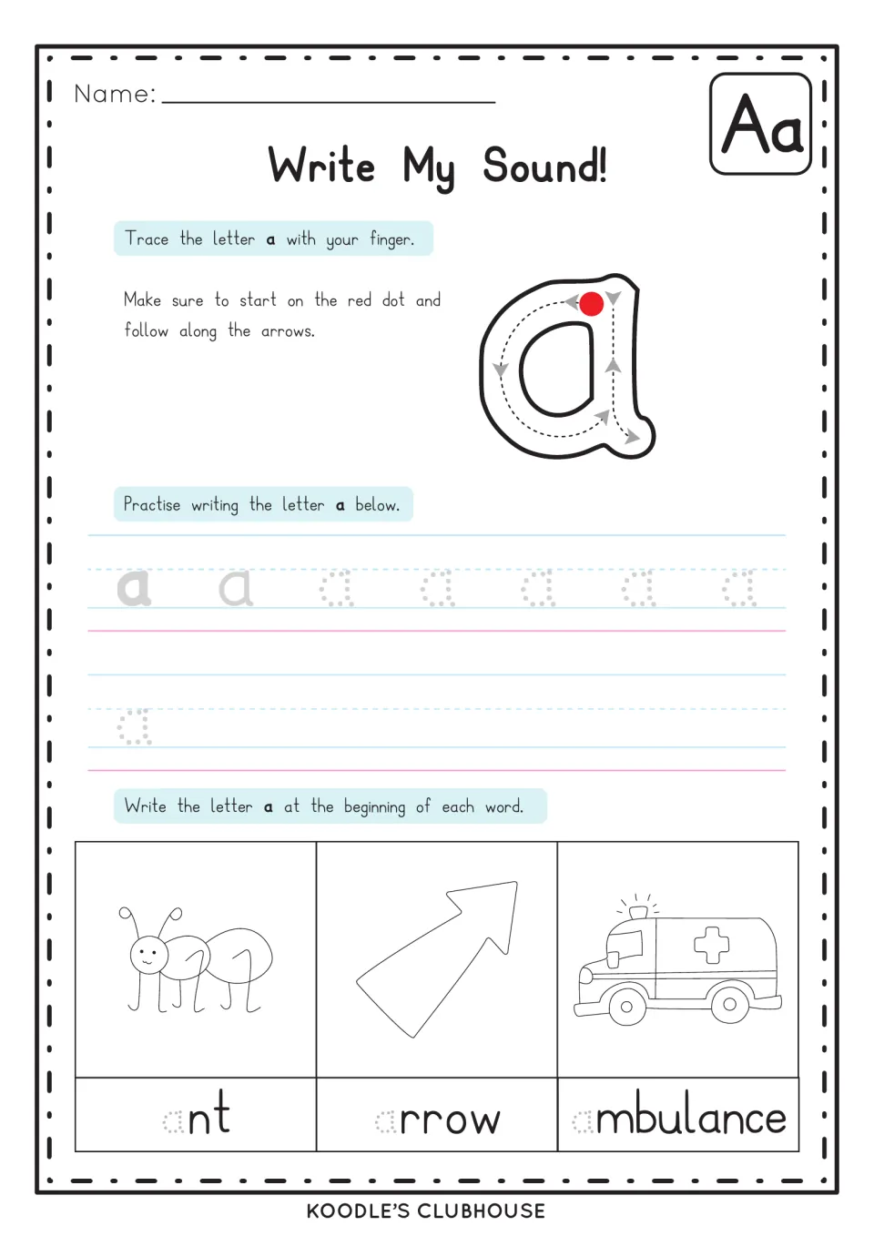 Write My Sound for a: finger-trace the letter, practise writing a, then add a to begin ant, arrow and ambulance