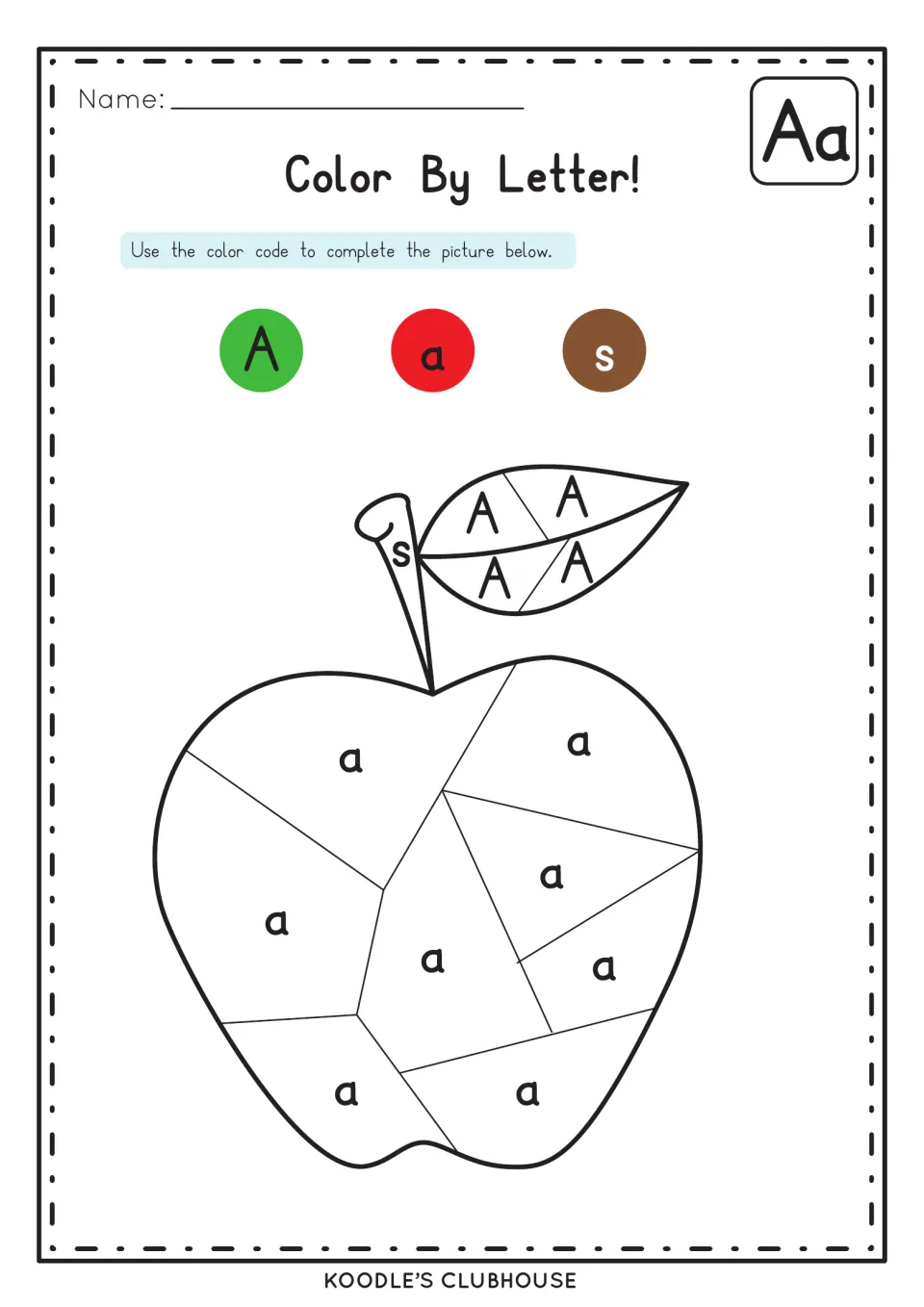 Color By Letter for Aa: students color an apple by code: A green, a red and s brown for the leaf, apple and stem