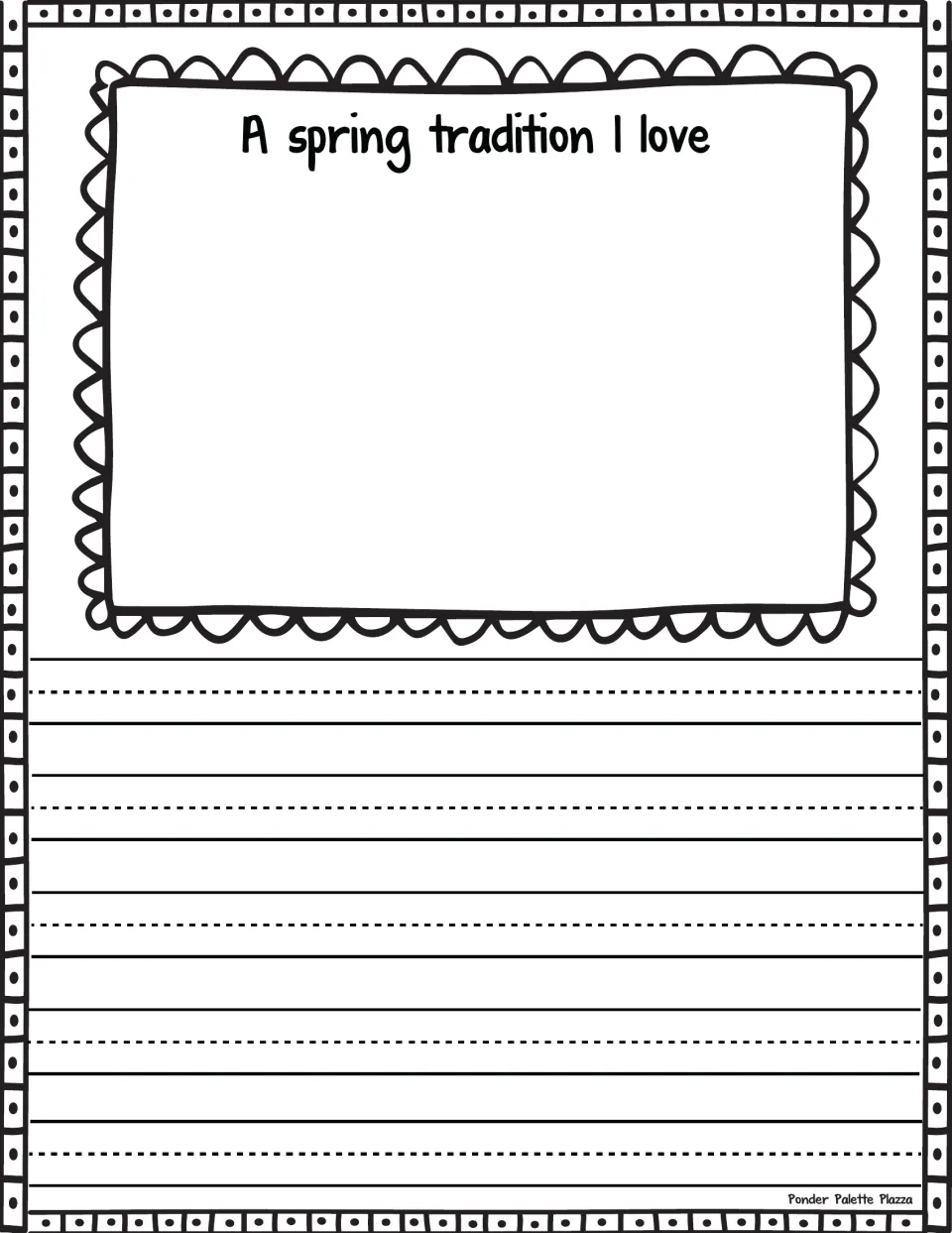 Spring traditions prompt "A spring tradition I love": students draw a tradition and explain it in writing