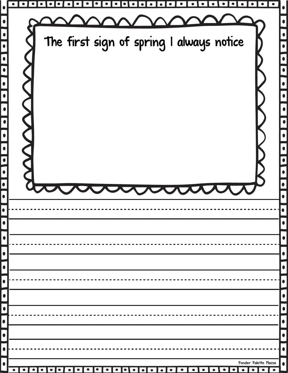 Observation prompt "The first sign of spring I always notice": students sketch a seasonal change they see and describe it
