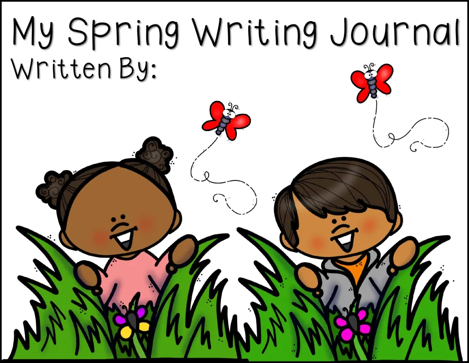 Color cover of My Spring Writing Journal with a Written By line, two children in tall grass and red butterflies