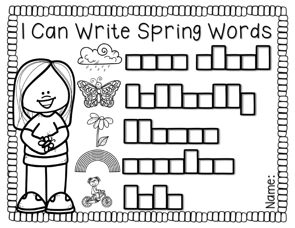 I Can Write Spring Words: students spell rain cloud, butterfly, flower, rainbow and bike, using letter heights as clues