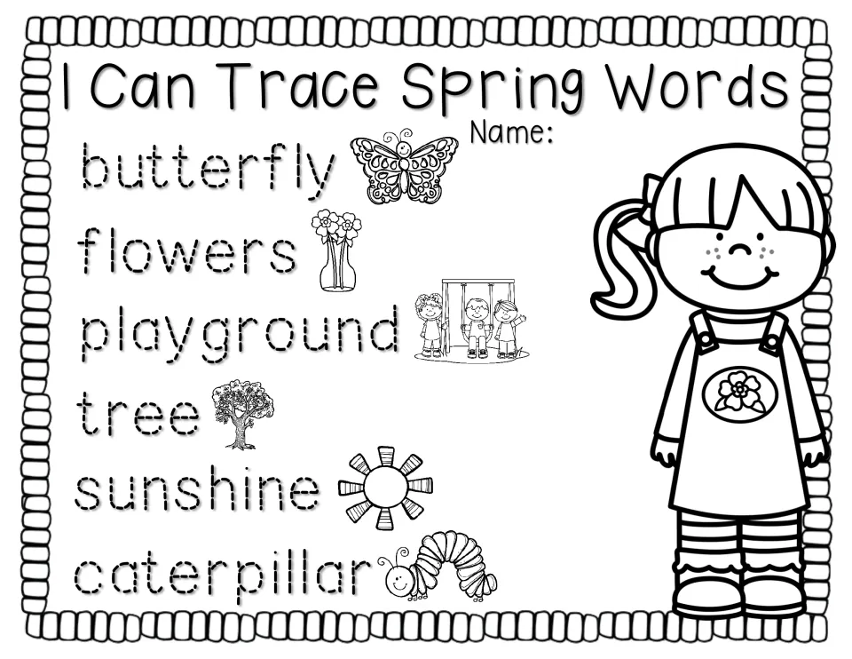I Can Trace Spring Words: students trace dotted butterfly, flowers, playground, tree, sunshine and caterpillar