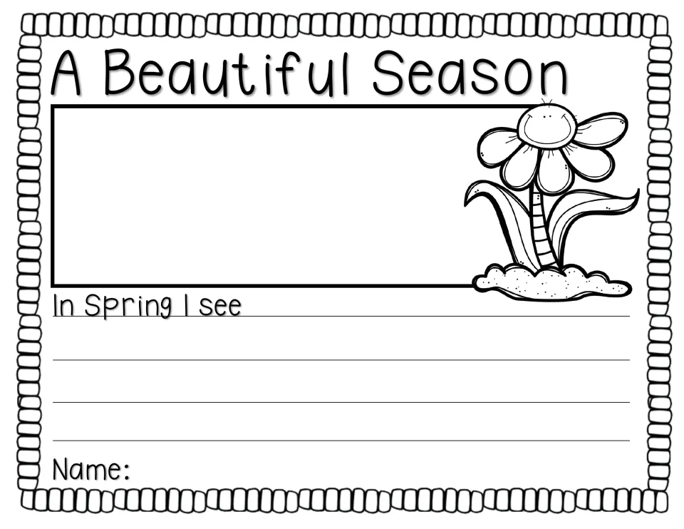A Beautiful Season: students draw and complete 'In Spring I see' to describe sights, shown with a smiling flower