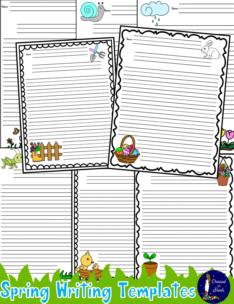 Spring Writing Templates cover: writing pages decorated with a snail, rain cloud, bunny, egg basket, fence and chicks