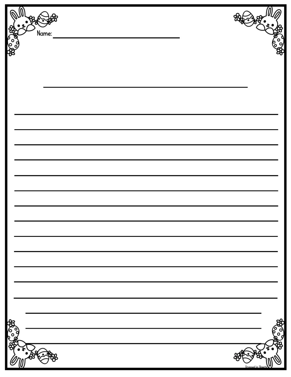 Bunny and Easter egg writing paper: space for a name, a title and several paragraphs of student writing on a spring topic