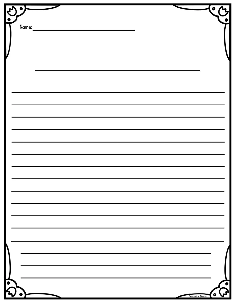 Spring flower writing paper with simple tulip motifs: students write a name, a title and their own spring writing below