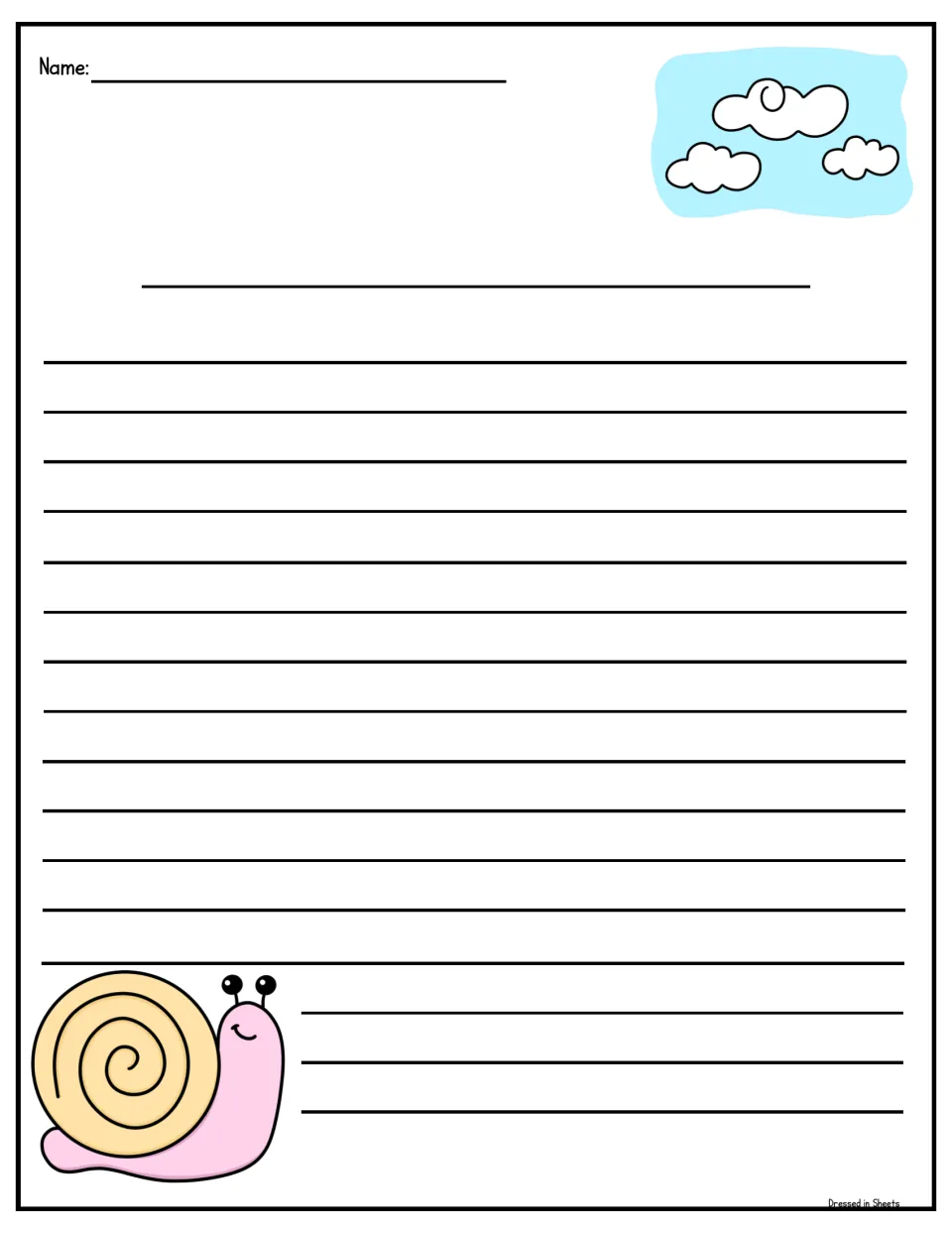 Snail and cloud writing paper in color: students write their name and a title, then a spring story beside a pink snail