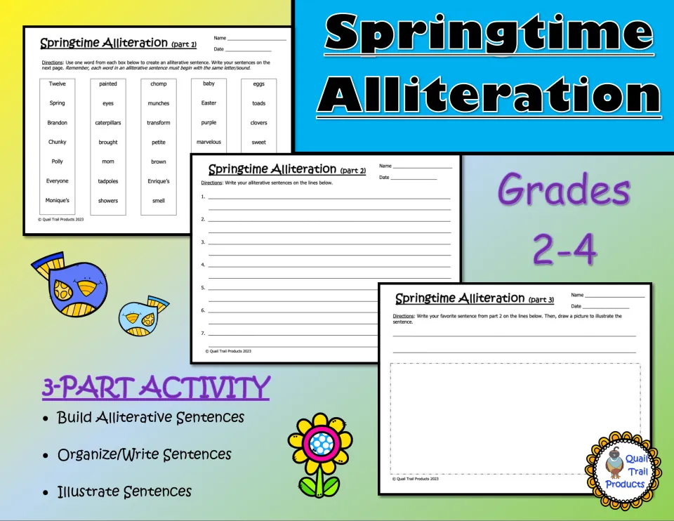 Springtime alliteration cover: three-part activity to build, organize, write and illustrate alliterative spring sentences