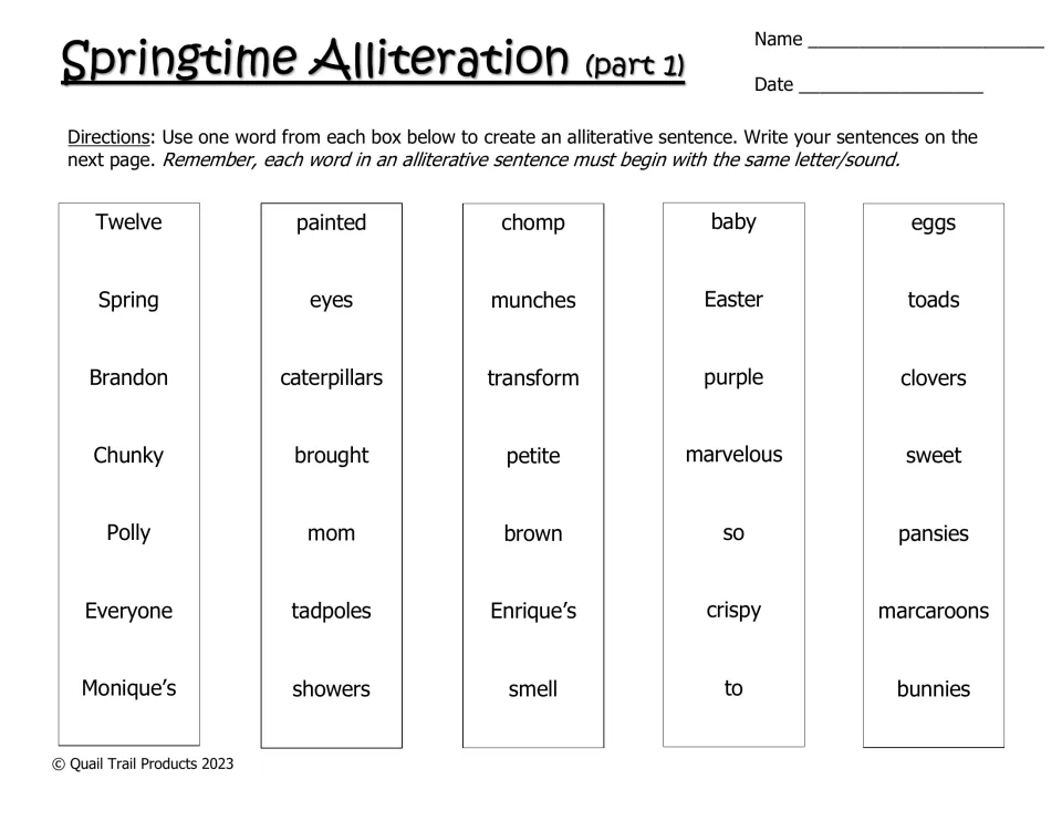 Alliteration word bank, part 1: students choose one spring word from each of five columns to build same-sound sentences