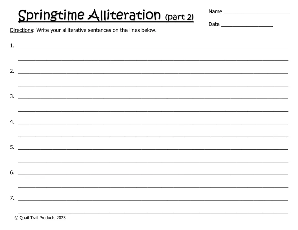 Alliterative sentences, part 2: students write the seven sentences they built from the word bank on numbered lines