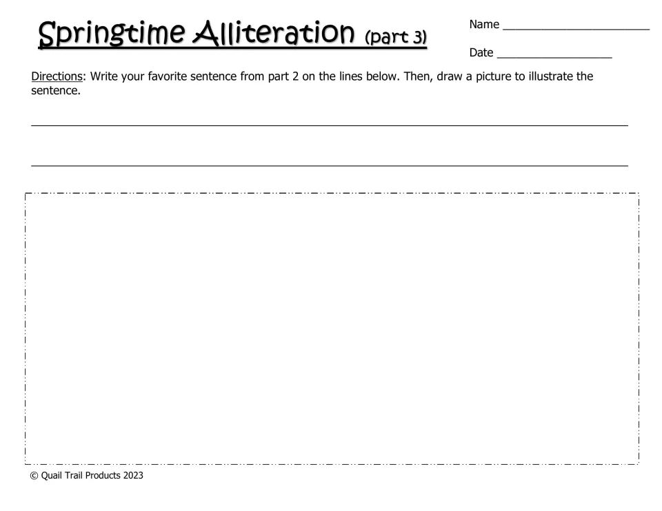 Illustrating alliteration, part 3: students copy their favorite sentence from part 2 and draw a picture to match it