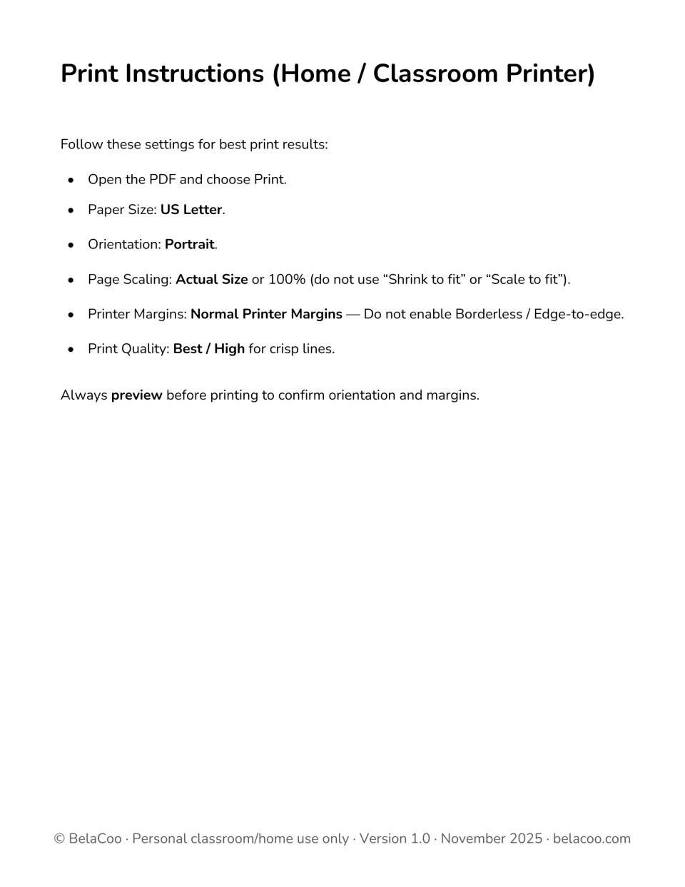Puzzle printing instructions specify US Letter paper, portrait orientation, actual size, and normal margins
