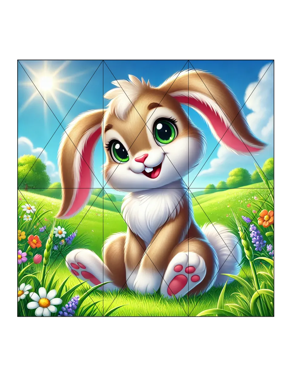 Twenty-four-piece bunny puzzle with straight and double diagonal cuts in the 3-by-2 spring scene version