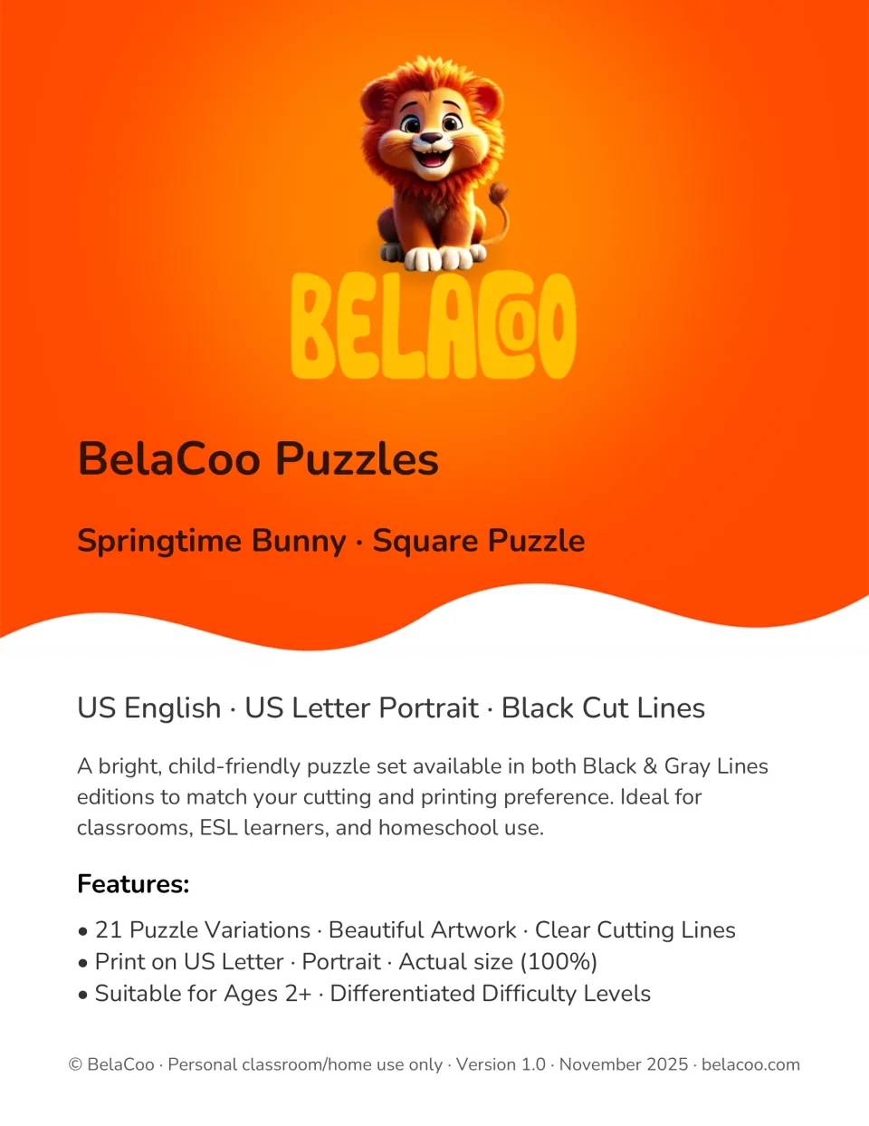 Cover of the spring bunny puzzle set, identifying 21 variations in US Letter format with black cut lines