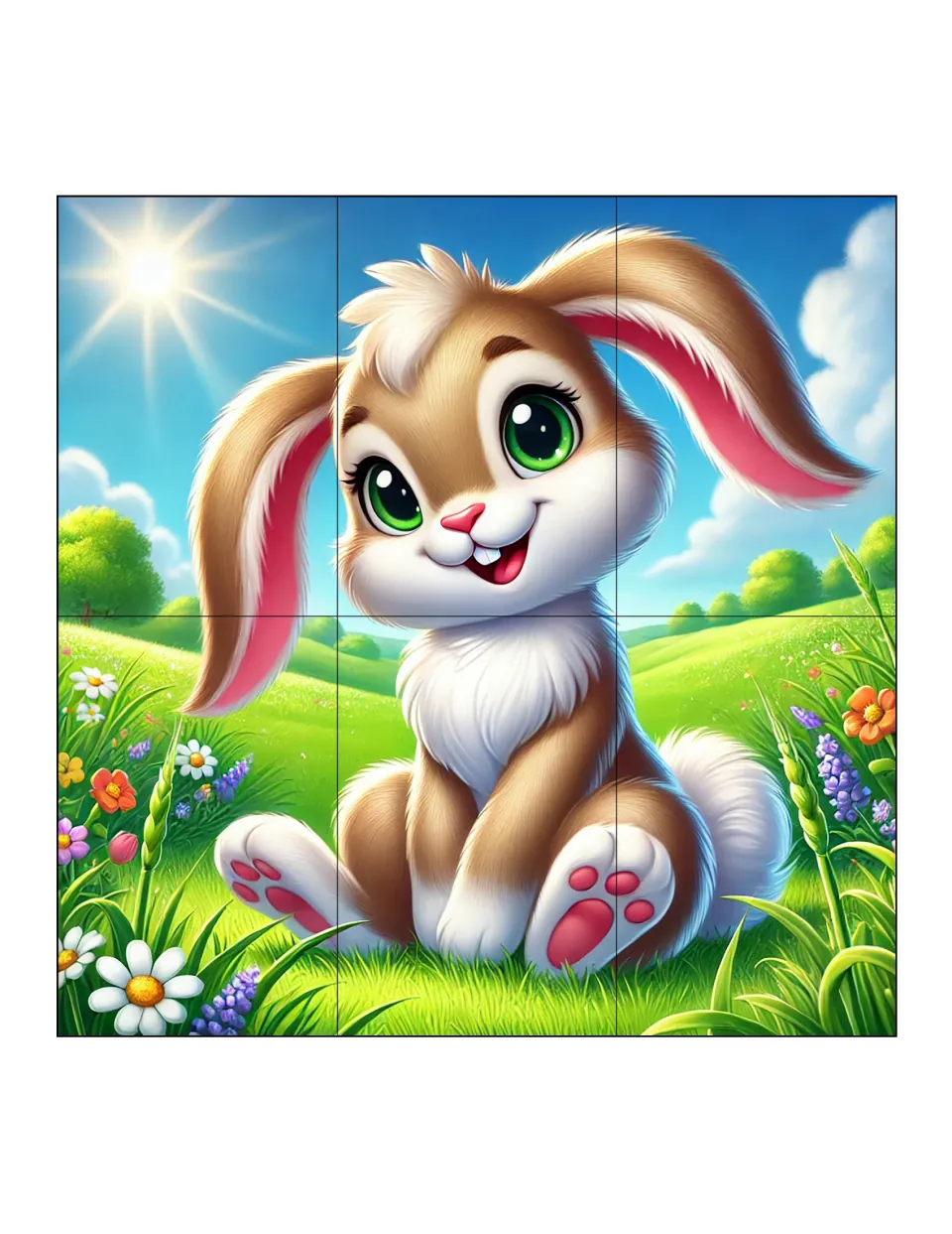 Six-piece spring bunny puzzle with tall rectangular pieces, showing the rabbit in a sunny spring meadow