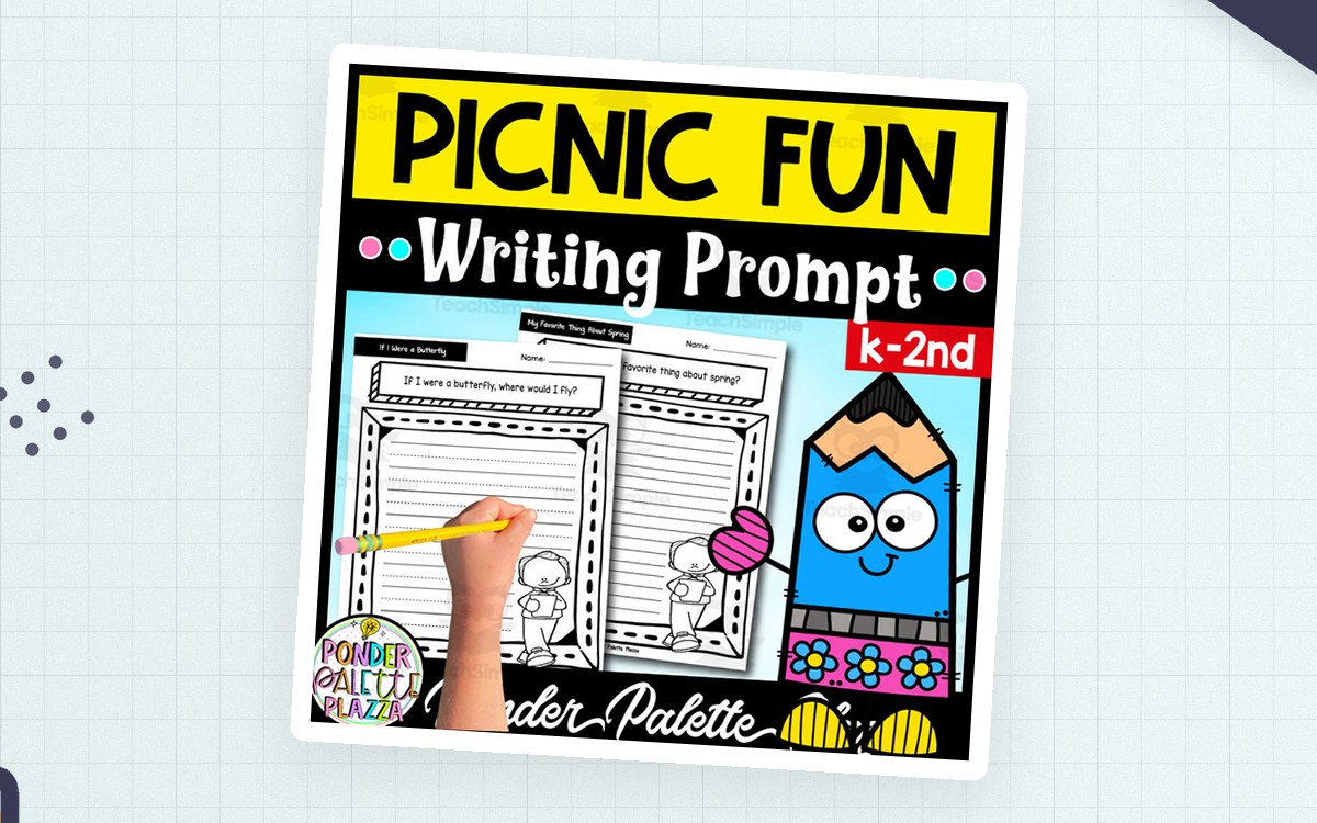 Picnic Fun writing prompt cover with lined worksheets, picnic basket, and smiling pencil character