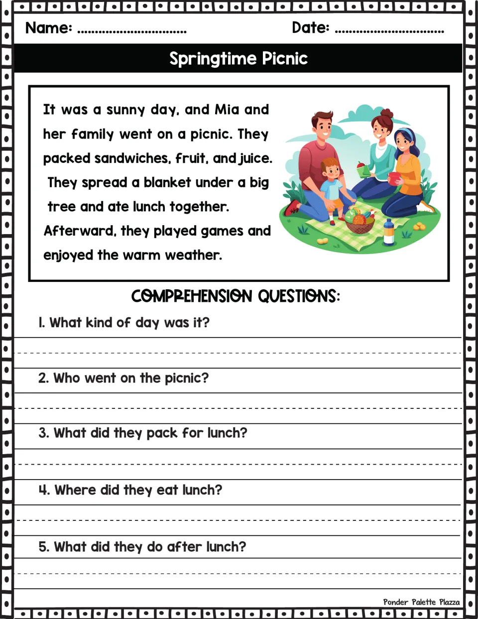 Spring picnic story about Mia's family: students read the short passage and write answers to 5 recall questions