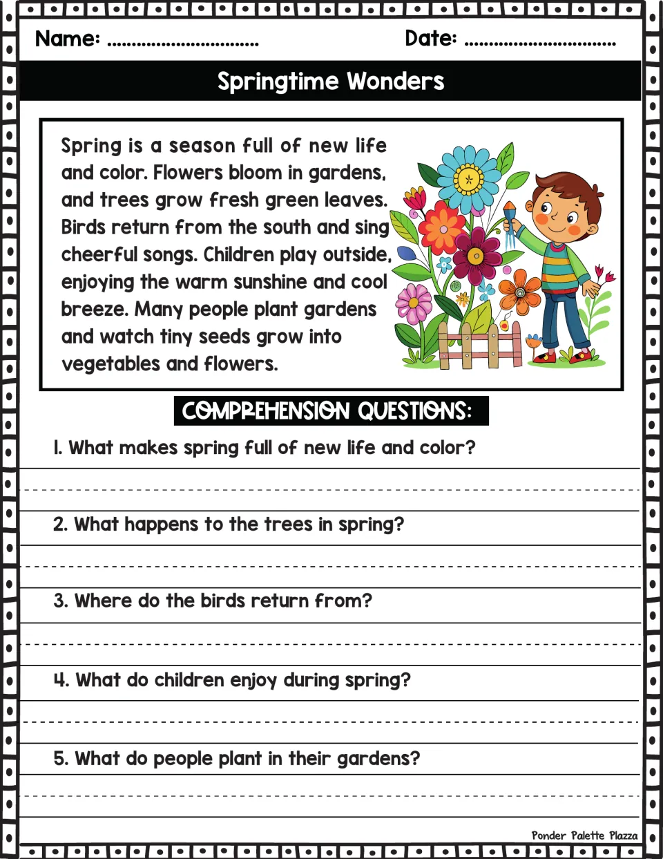 Spring reading passage about flowers, fresh leaves, birds, and gardens, followed by five comprehension questions.