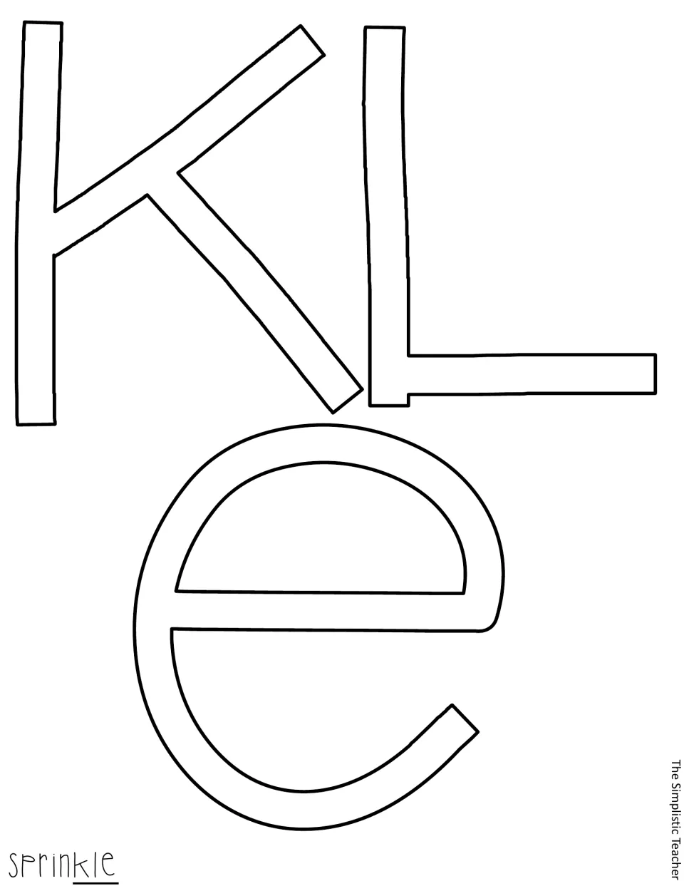 Letter cut-out pieces K, L and E that finish the word sprinkle, printed as large outlines to cut by hand