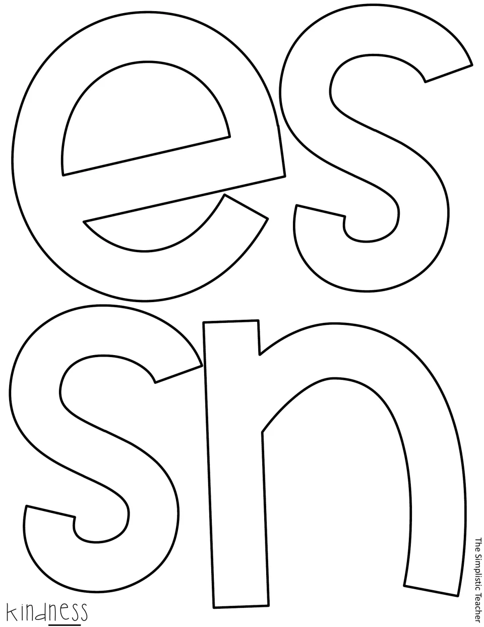 Letter cut-out pieces N, E, S and S outlining the end of the word kindness, sized to fill a full sheet