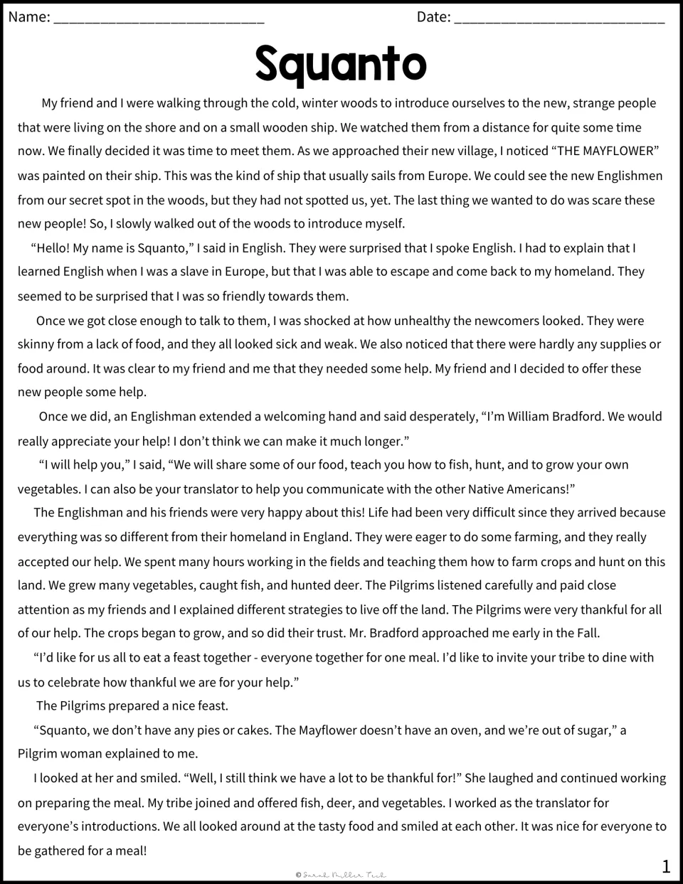 Squanto reading passage: Squanto tells in first person how he met the Mayflower Pilgrims, taught farming, shared a feast