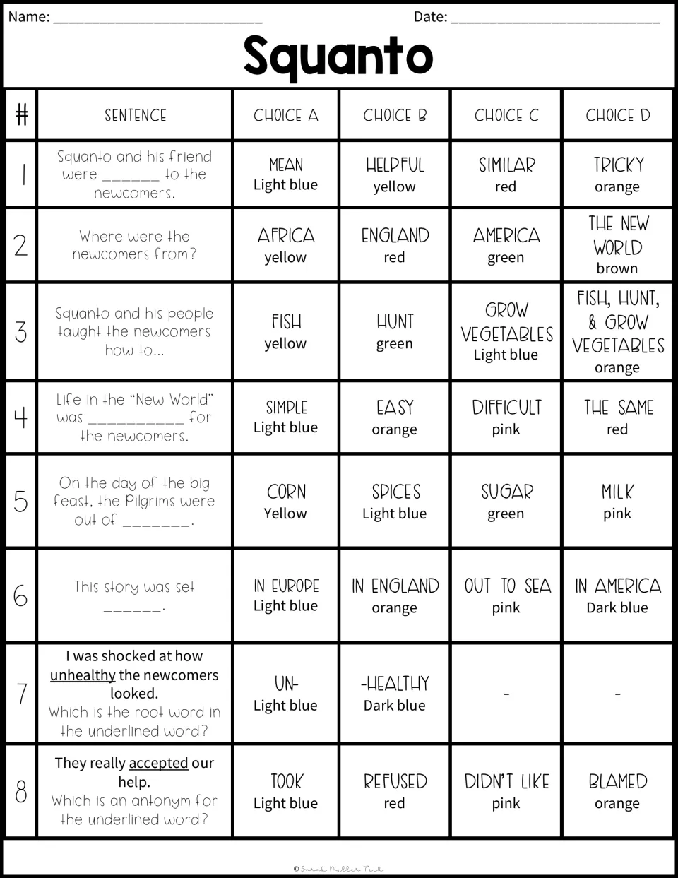 Squanto questions 1-8: students pick A-D answers on the story, root words and antonyms; each answer is tied to a color