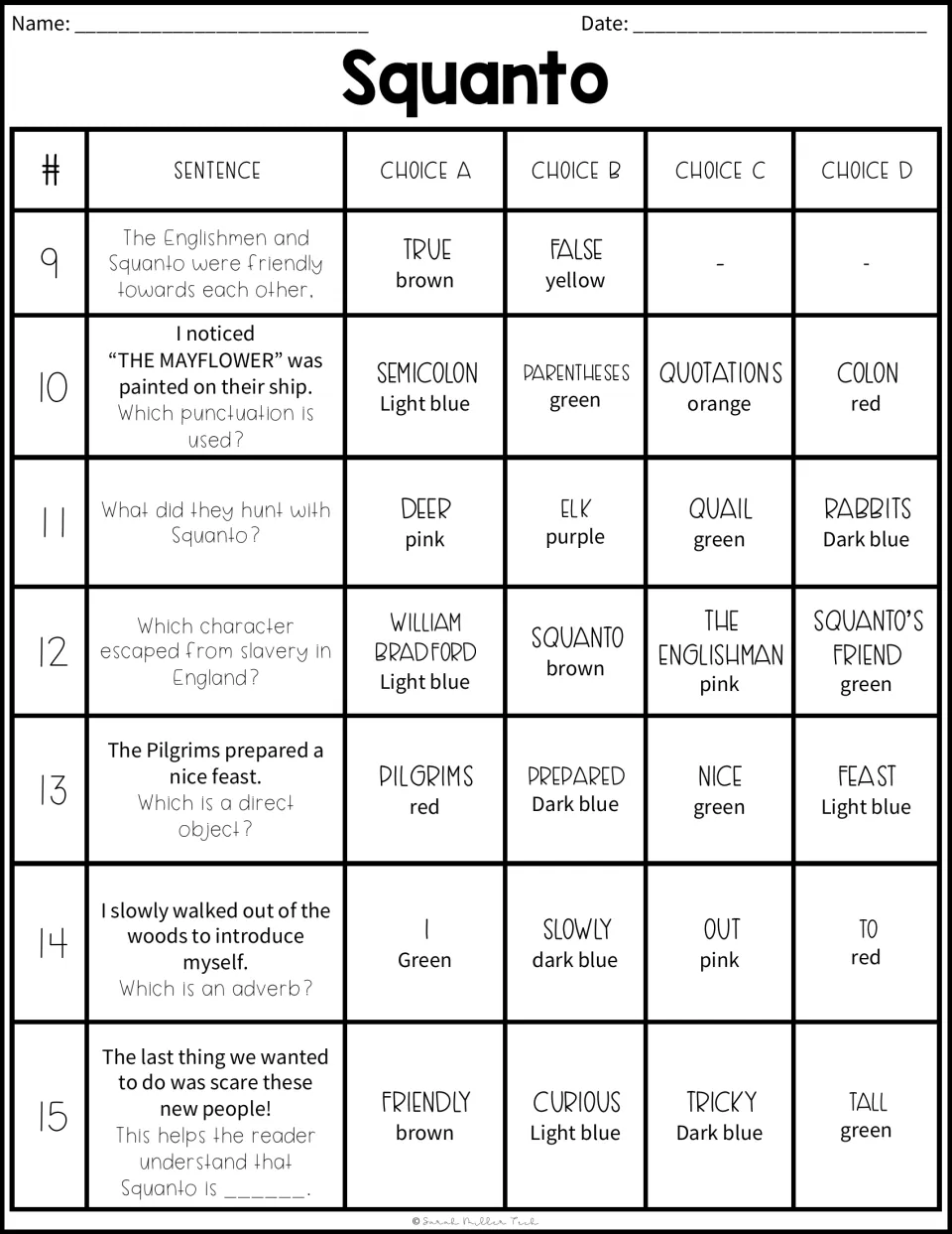 Squanto questions 9-15: students choose answers on punctuation, direct objects, adverbs and character traits
