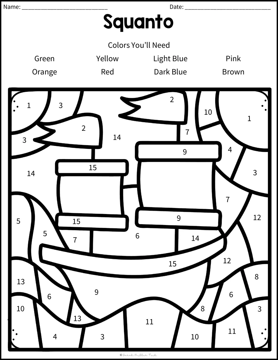 Color-by-answer picture of a sailing ship: students color numbered spaces with the colors from answers 1-15