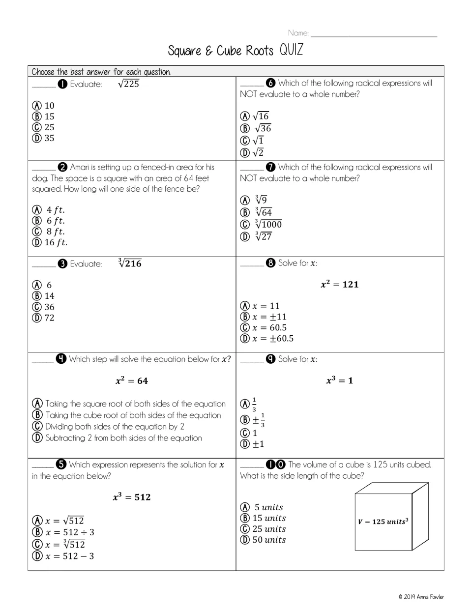 Square and cube roots quiz: 10 multiple-choice questions on radicals, equations, square area, and cube volume