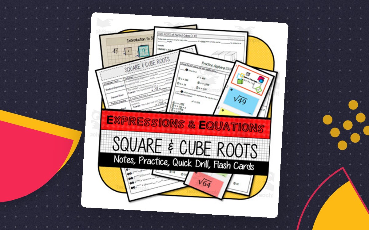 Square & Cube Roots cover layered with notes, flashcards, practice pages, and a red Expressions & Equations band.