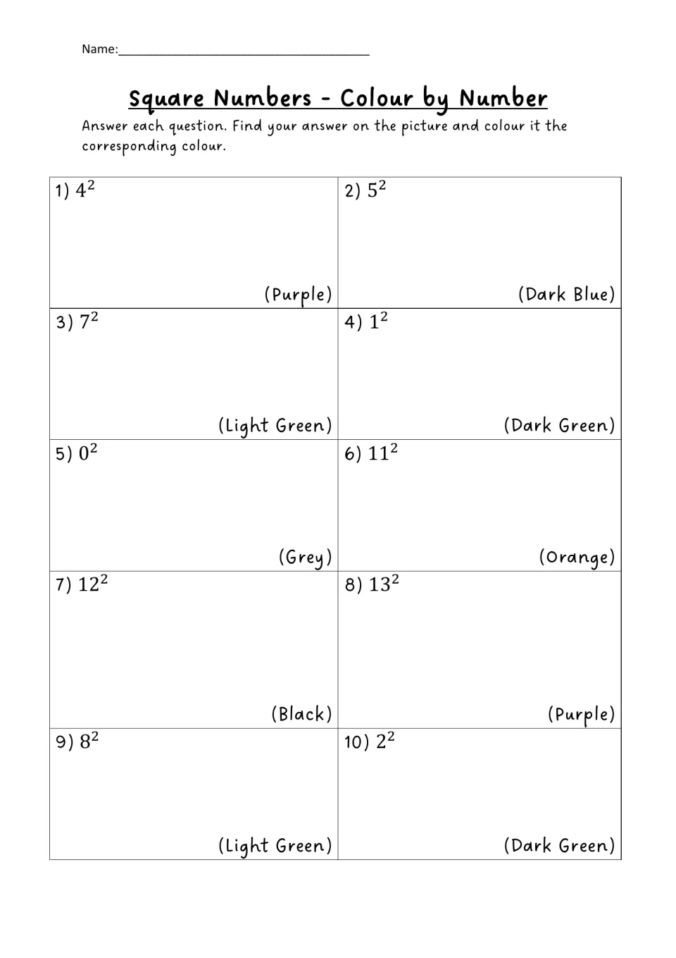 Square numbers colour by number: students work out 10 squares from 0² to 13², each paired with a colour such as purple